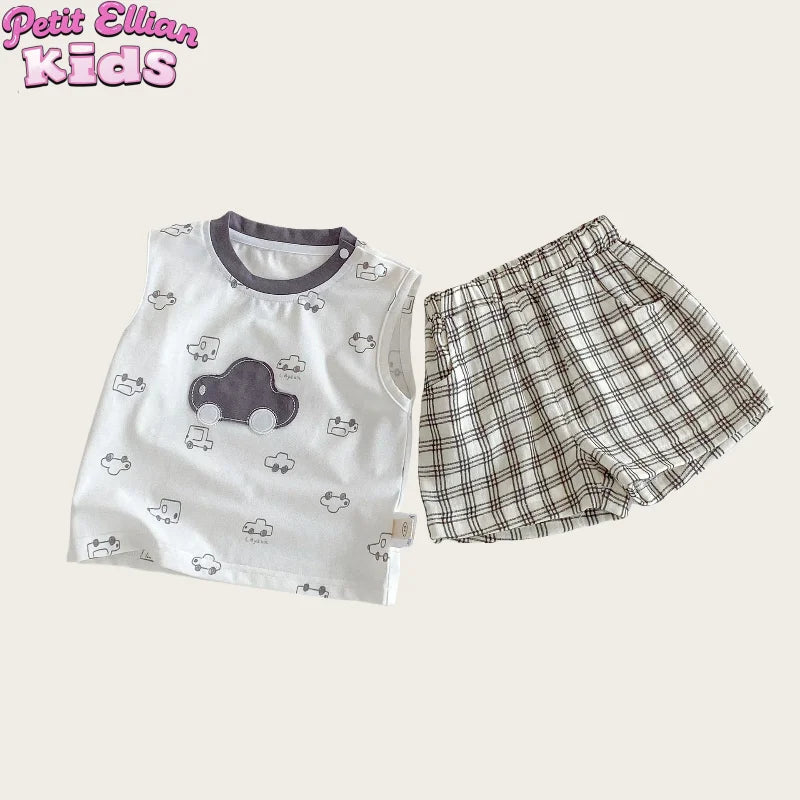 Cute Cotton Cartoon Car Applique Print Sleeveless Top and Plaid Shorts Comfortable and Fashionable Kids Set for 0-5 Y Baby Boys