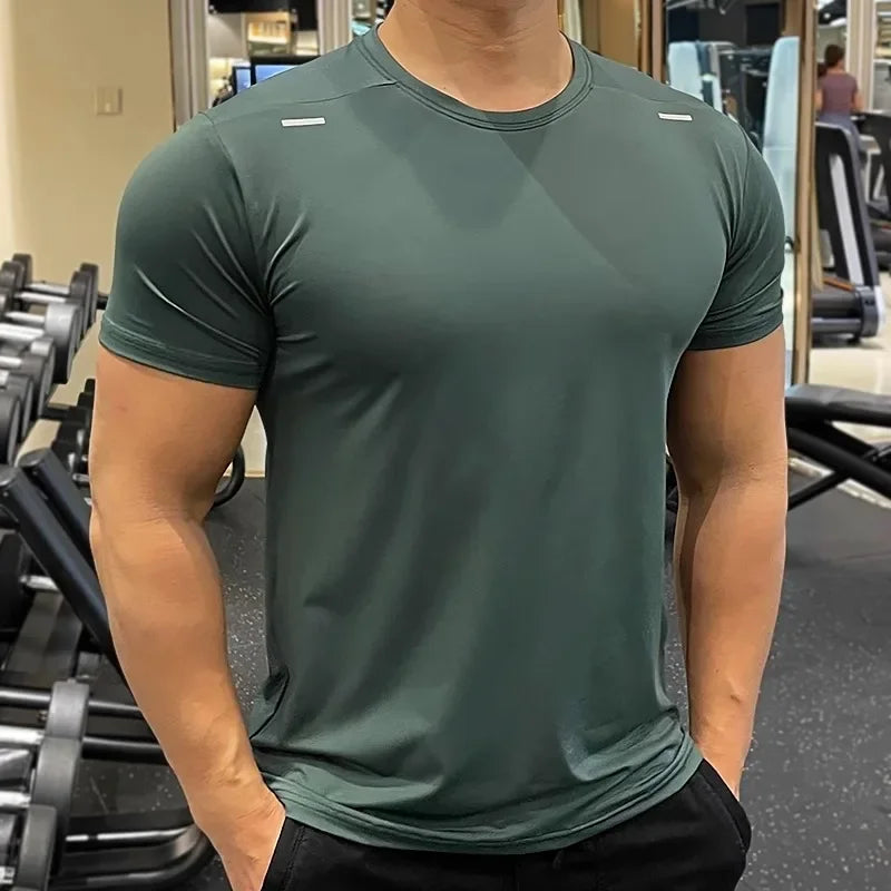 Summer Running Gym Men Shirt Short Sleeve Tees Elastic Tight Fit Sports Training Fitness Quick Dry Spandex Ice Silk T Shirt