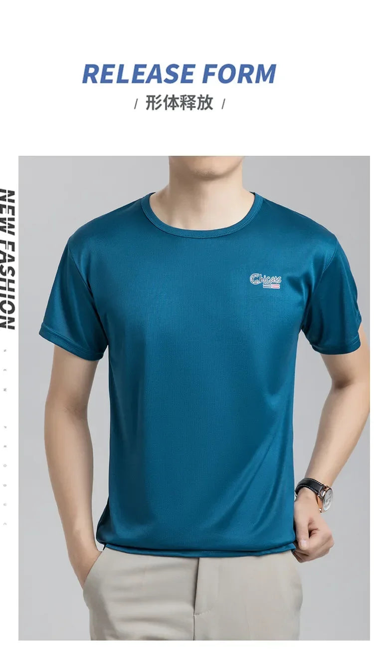 Summer Ice Silk T-shirt Men's Cold Short Sleeve O-neck Stretch Quick-drying Breathable Sports Shirt T Shirt Men