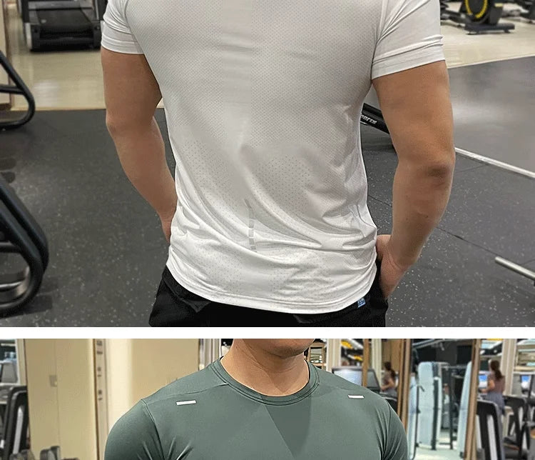 Summer Running Gym Men Shirt Short Sleeve Tees Elastic Tight Fit Sports Training Fitness Quick Dry Spandex Ice Silk T Shirt