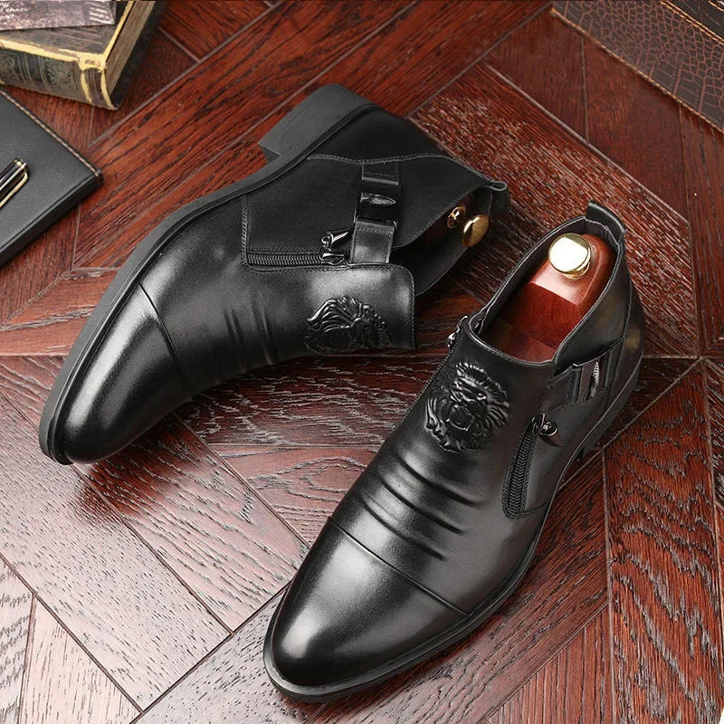 Trendy Men Boots Luxury Men's Shoes High Quality Leather Embossing Men's Boots Zip Male Leather Shoes Hard-Wearing Work Footwear