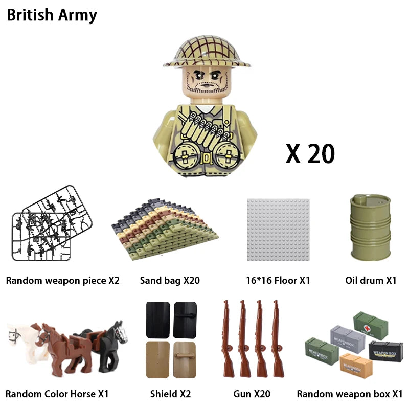 40pcs/batch WWII military characters WWII soldiers National army building blocks weapons Assembling bricks Children's toys
