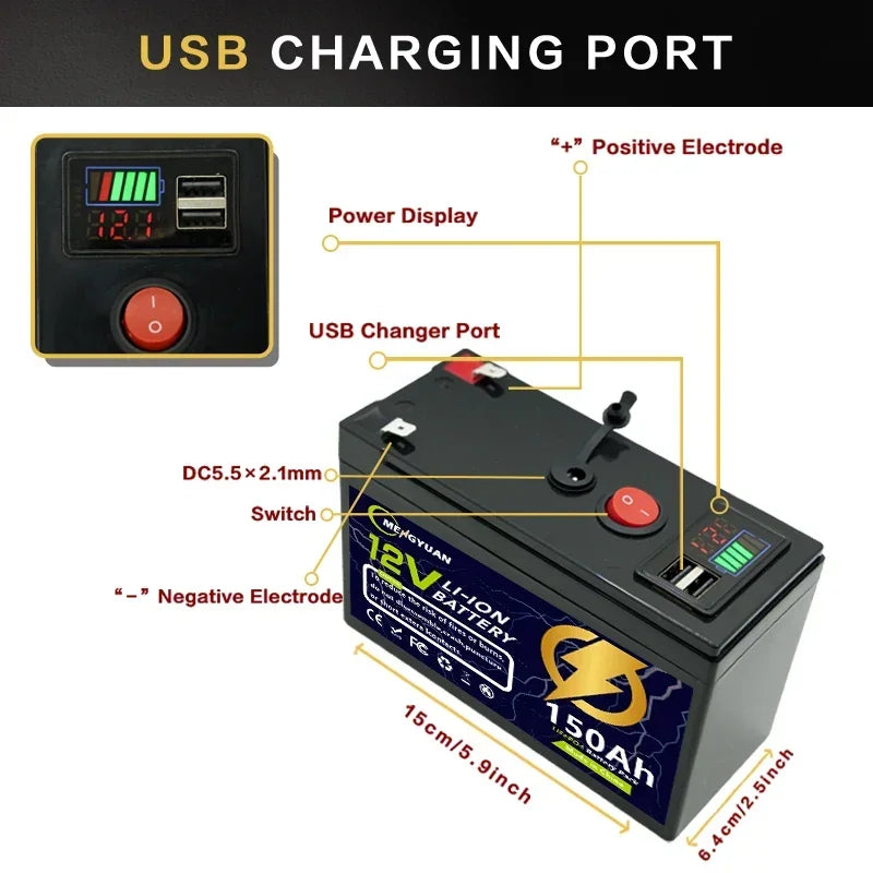 12V 150Ah LiFeP04 Battery Deep Cycle Lithium Battery 30A BMS 6000+ Cycles Perfect for Solar Fish Finder Power Wheel Boat Home RV