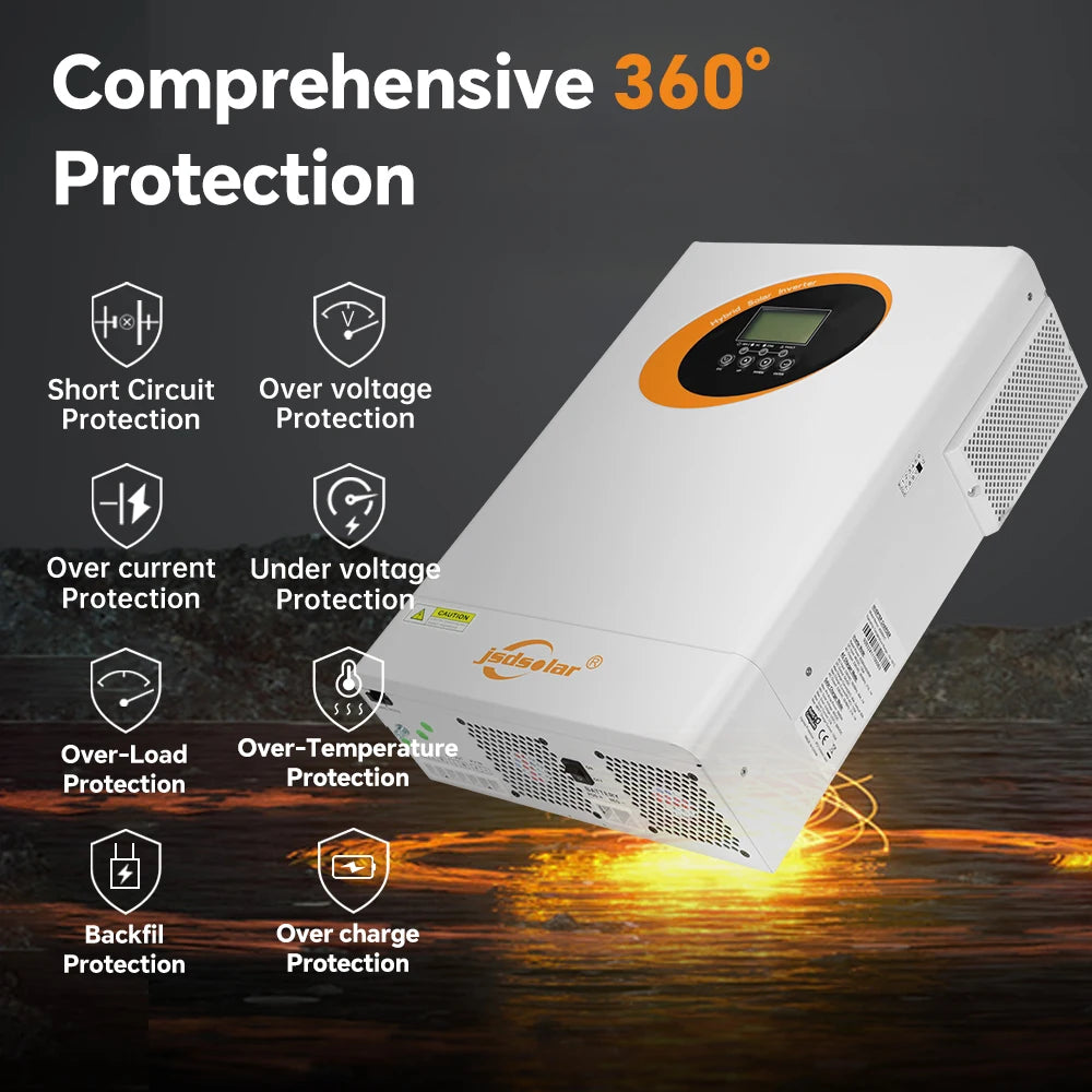 jsdsolar 6.2KW 48V Hybrid Solar Inverters 230VAC On/Off Grid Pure Sine Wave MPPT 120A Solar Charge Controller PV 500V For Home