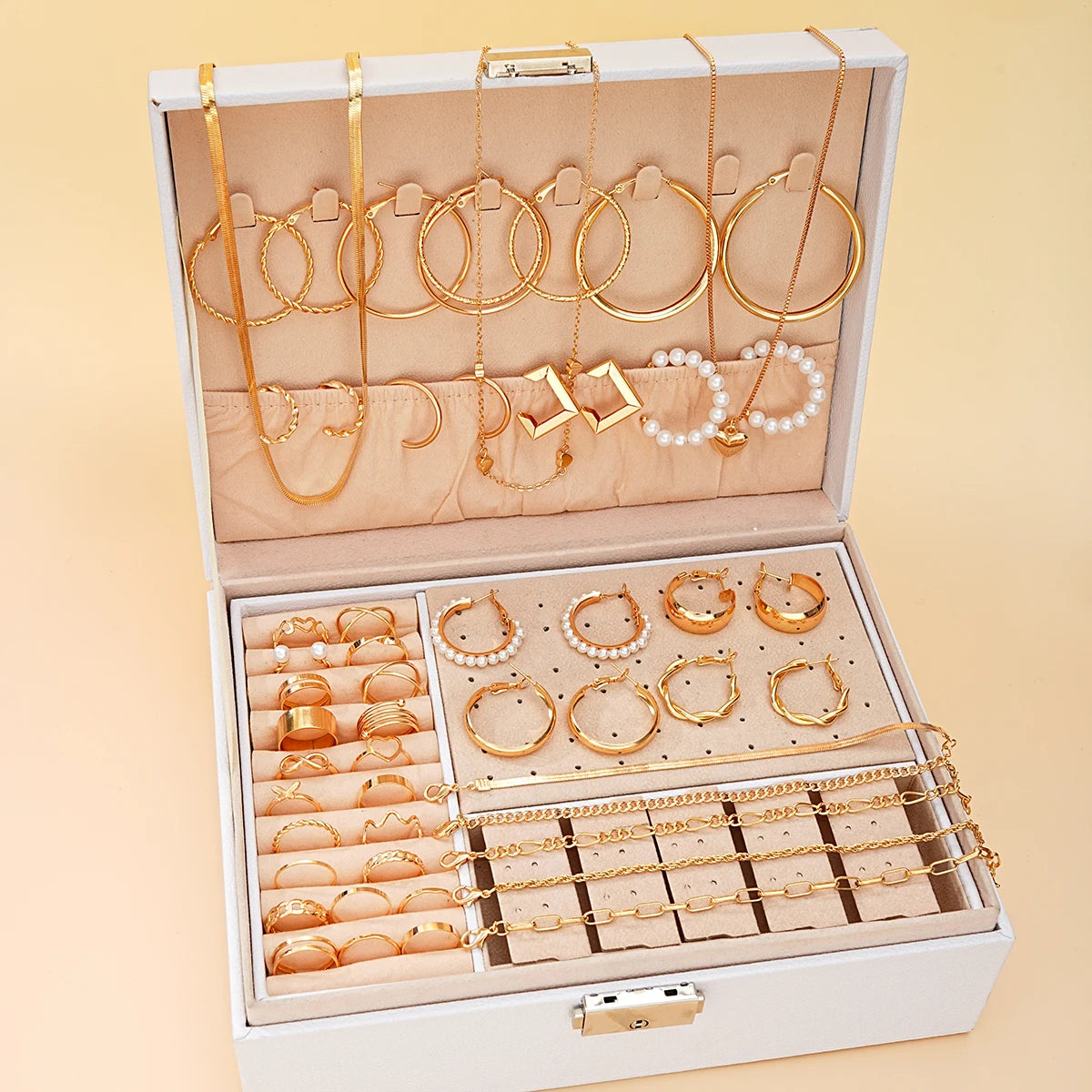 54 Pcs/Set Vintage Elegant Pearl Earrings Ring Heart Pendant Necklace Bracelet For Women Boho Daily Wear Jewelry Set Gifts 2024