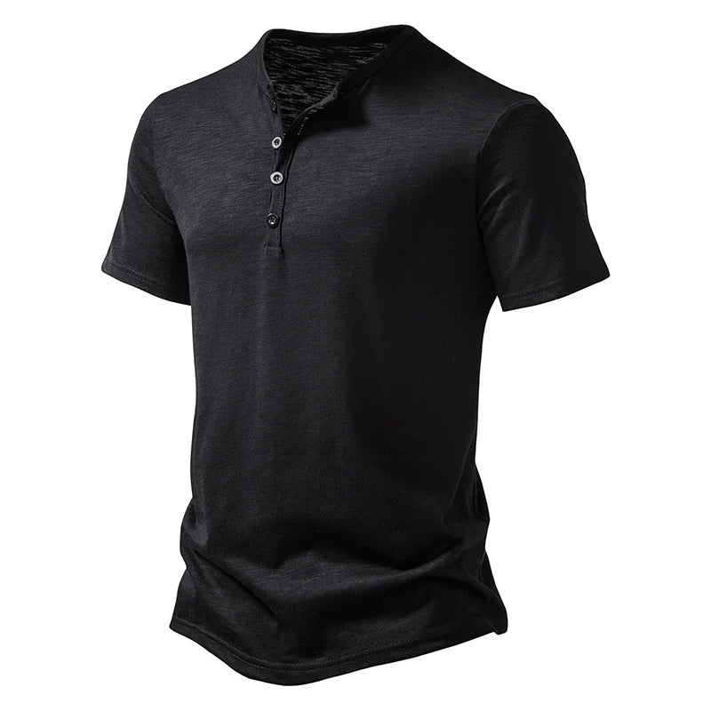 Henley Collar Summer Men's Casual Solid Color Short Sleeve T Shirt For Men Fashion Button Polo Male High Quality Top Tees Shirts