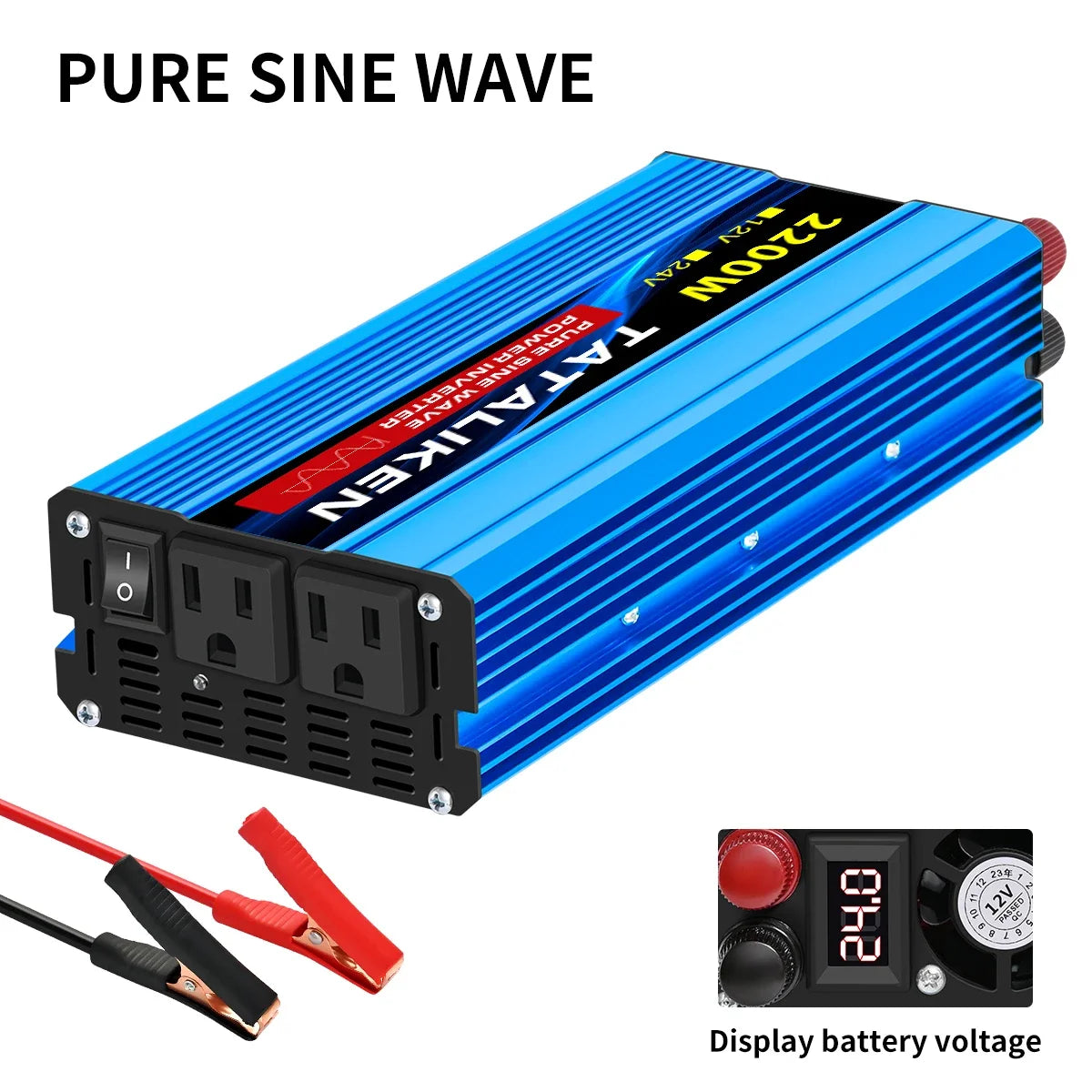 Pure Sine Wave Power Inverter 2200W 12V DC to 110V 60HZ with 2 AC Outlets and LCD Display Suitable For Family Travel and Camping