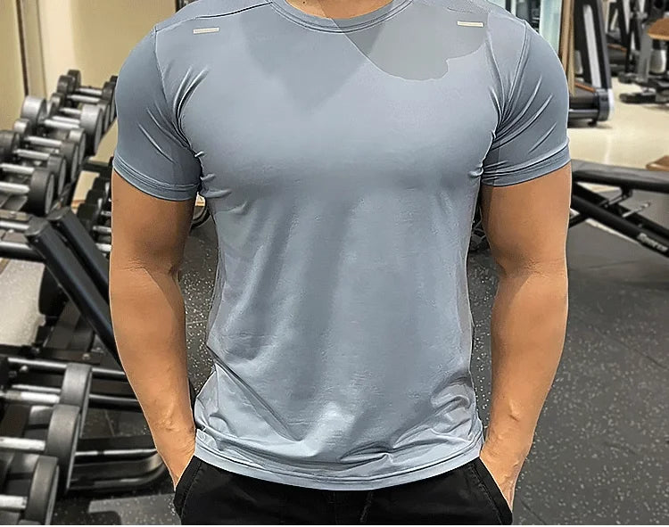 Summer Running Gym Men Shirt Short Sleeve Tees Elastic Tight Fit Sports Training Fitness Quick Dry Spandex Ice Silk T Shirt