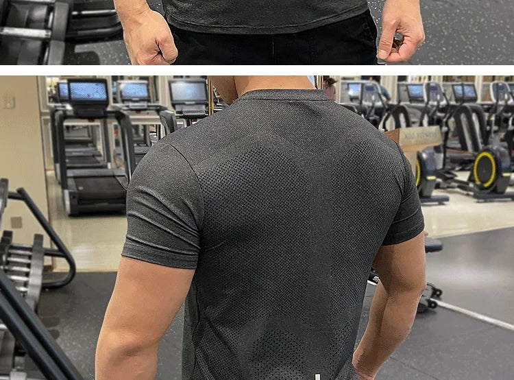 Summer Running Gym Men Shirt Short Sleeve Tees Elastic Tight Fit Sports Training Fitness Quick Dry Spandex Ice Silk T Shirt