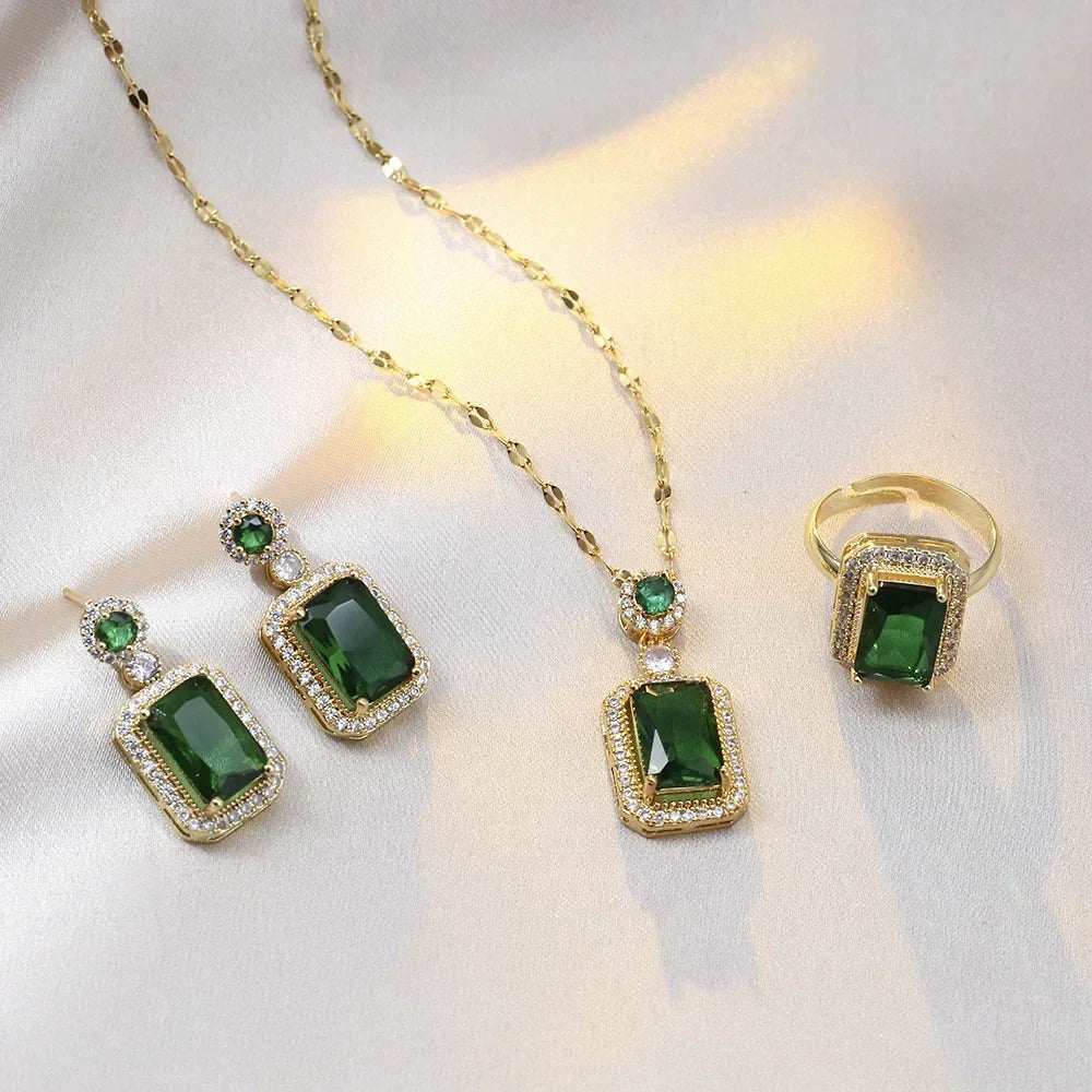 Luxury Emerald Color Earring Necklace Rings Set For Woman Stainless Steel Zircon Rectangle Pendant Necklace Party Jewelry Gift