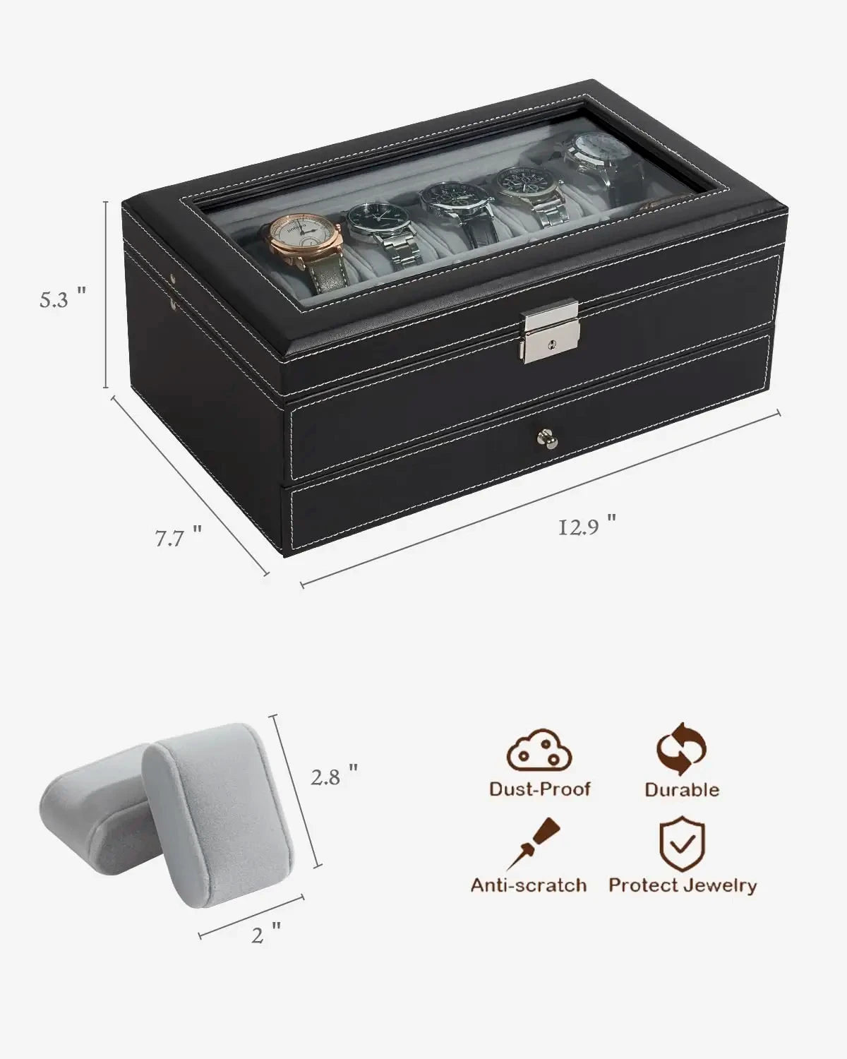 2024 New 12 Slot Leather Lockable Watch Storage Boxes,Men & Women's Jewelry Display Drawer Case, 2-Tier Organizer Watch Showcase