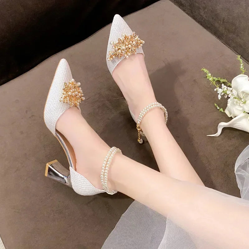 Ladies Shoes on Sale Fashion Pointed Metal Beaded Solid Women's High Heels Summer Leisure Banquet Women Wedding Pump 2024