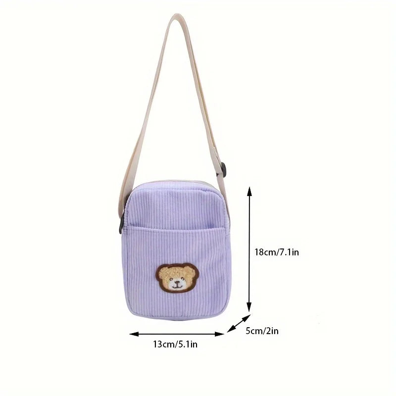 Girls Portable Corduroy Bear Phone Crossbody Bag, Mobile Phone Coin Purse, Fashionable Cross Small Bag, Corduroy Mini Bag Bolsos
