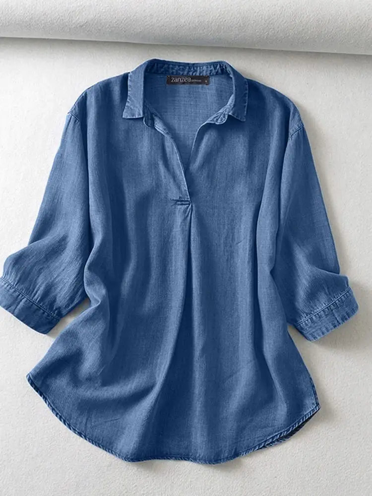 ZANZEA Casual Women Blusas Mujer Solid Summer Elegant Stylish Denim Shirt Lapel Neck Loose OL Work 3/4 Sleeve Blouse Tops Tunic