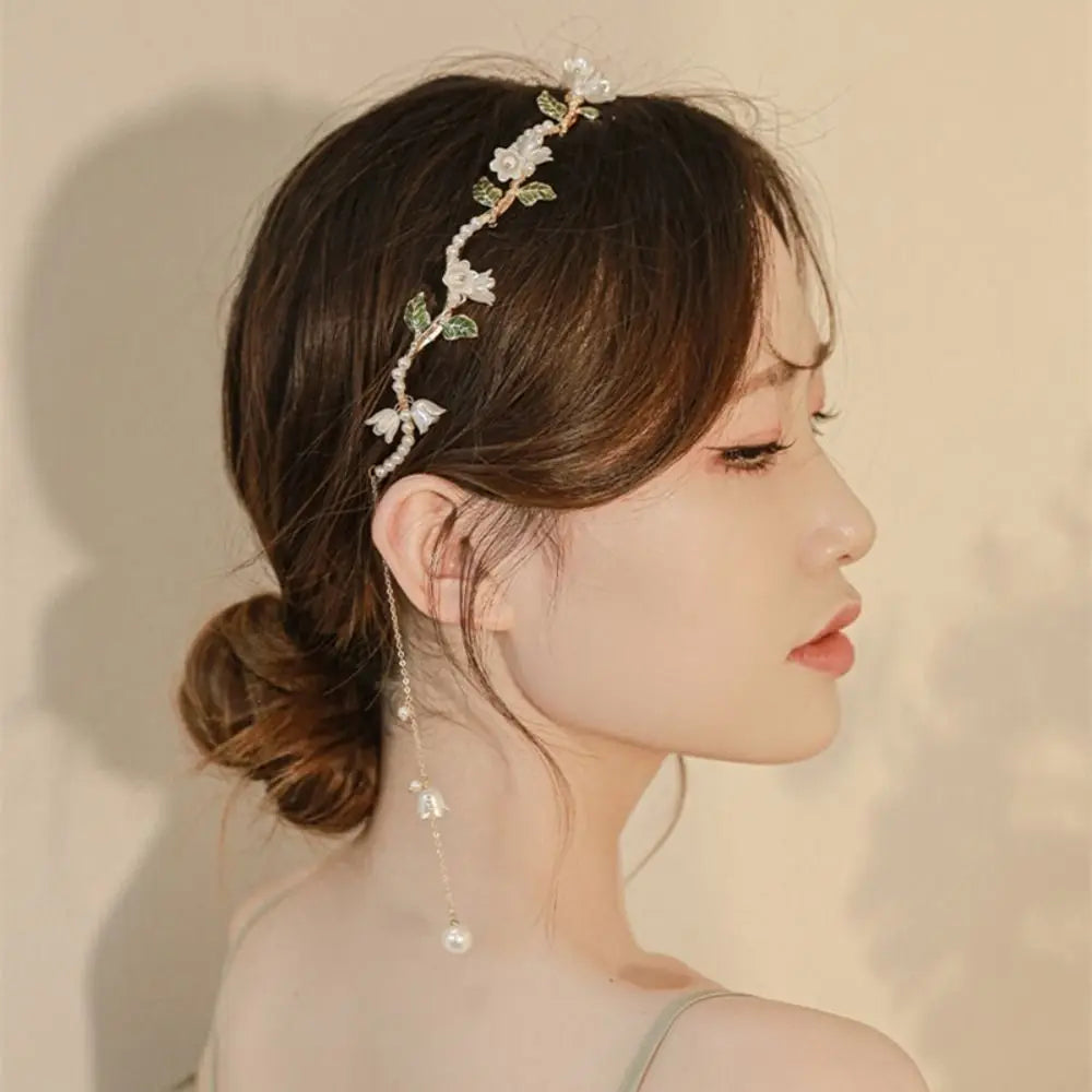 Korean Alloy Pearl Flower Headband Beads Tassel Wave Hair Band Woman Hair Accessories