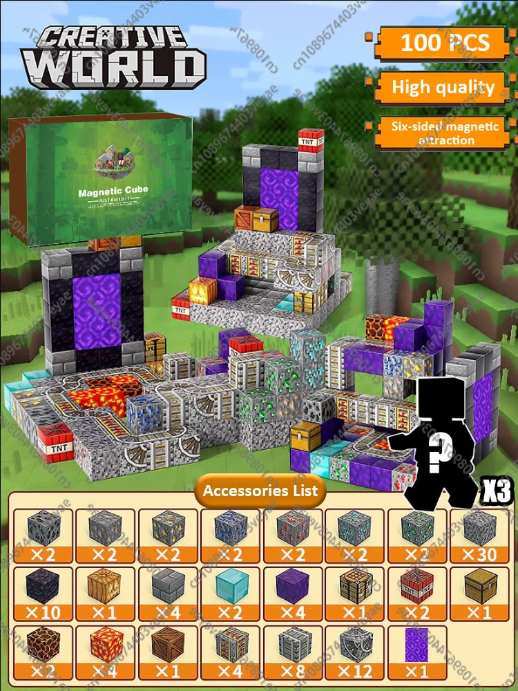 Magnetic Building Blocks Magnet Cube Mine World Set Toy STEM Sensory Montessori Stacking Cubes Construction Set Toy Holiday Gift