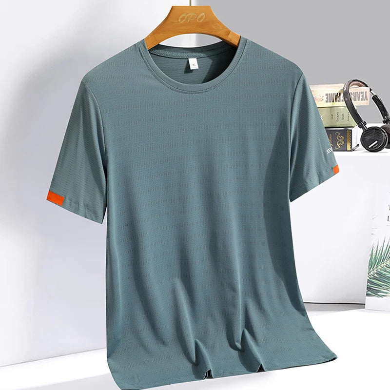 Men's Summer Ice Silk T-shirt Sweatshirt Round Neck Simple Running Fitness Suit Thin Breathable Quick Drying T