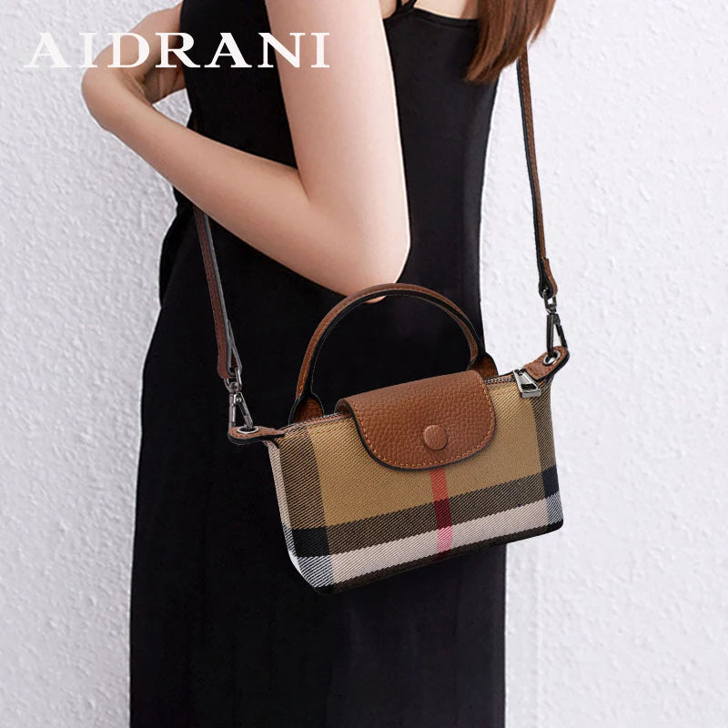 Aidrani The new women's one shoulder crossbody bag is made of canvas and cowhide, with a high-end and elegant checkered pattern