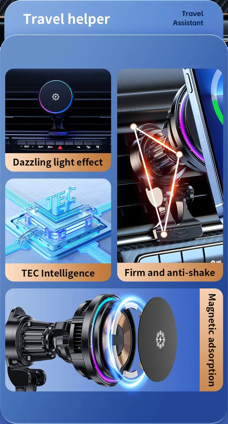 15W ice Cooling Magnetic Wireless Car Charger for iPhone 16 15 14 13 12 Pro Max MacSafe Car Phone Holder Fast Charging Station