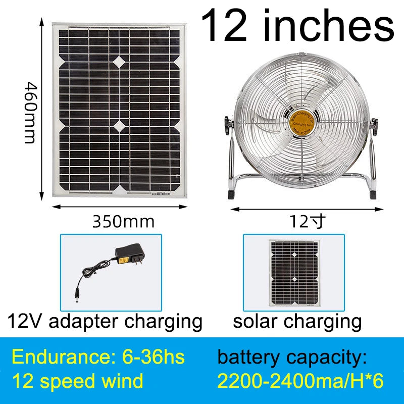 2025 New Household solar fan 12-speed large wind outdoor portable camping fan USB mobile phone fishing light charging