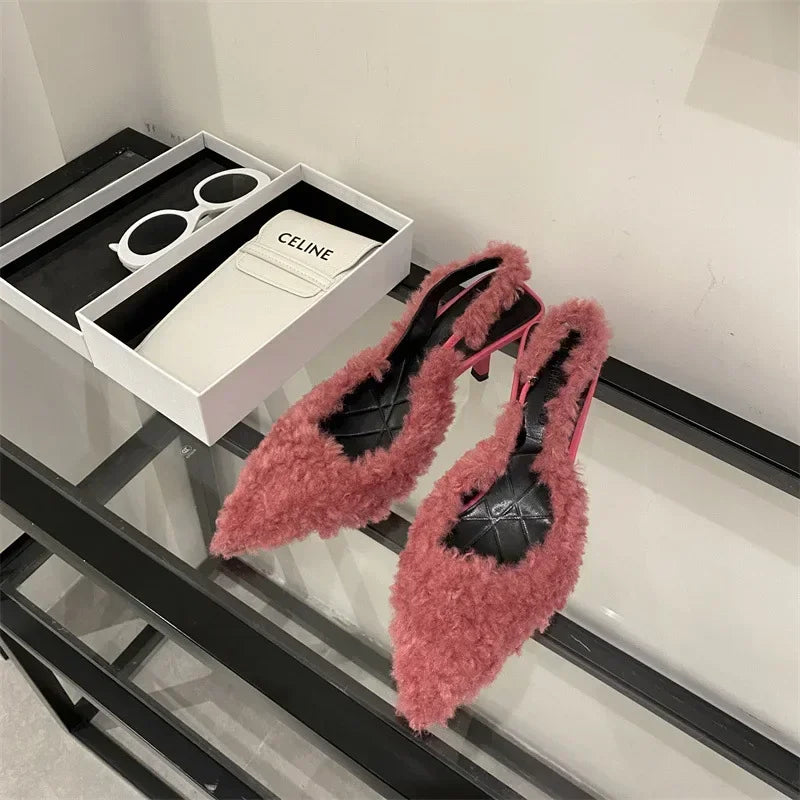 High Heel Plush Slides Woman Fashion Elegant Pointed Toe Lamb Hair Slippers Ladies Luxury Plush Evening Party Pump Shoes 2024