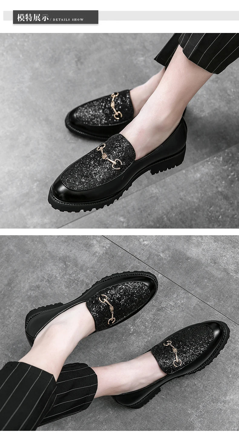 Shiny Leather Shoes for Men Platform Dress Shoes Luxury Slip on Men Loafers Party Designer Wedding Footwear Zapatos Para Hombres