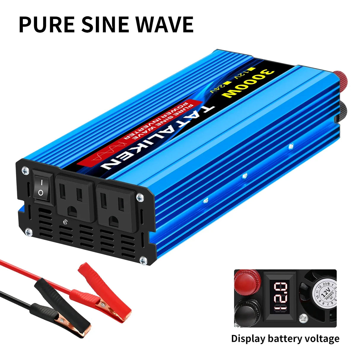 Pure Sine Wave Power Inverter 2200W 12V DC to 110V 60HZ with 2 AC Outlets and LCD Display Suitable For Family Travel and Camping