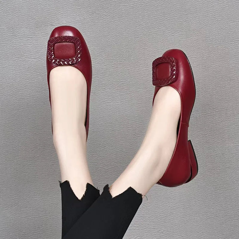 Soft Pu Leather Women's Low Heel Shoes Shallow Mouth All-match Comfortable Pumps Thick Heels Ladies Work Small Leather Shoes