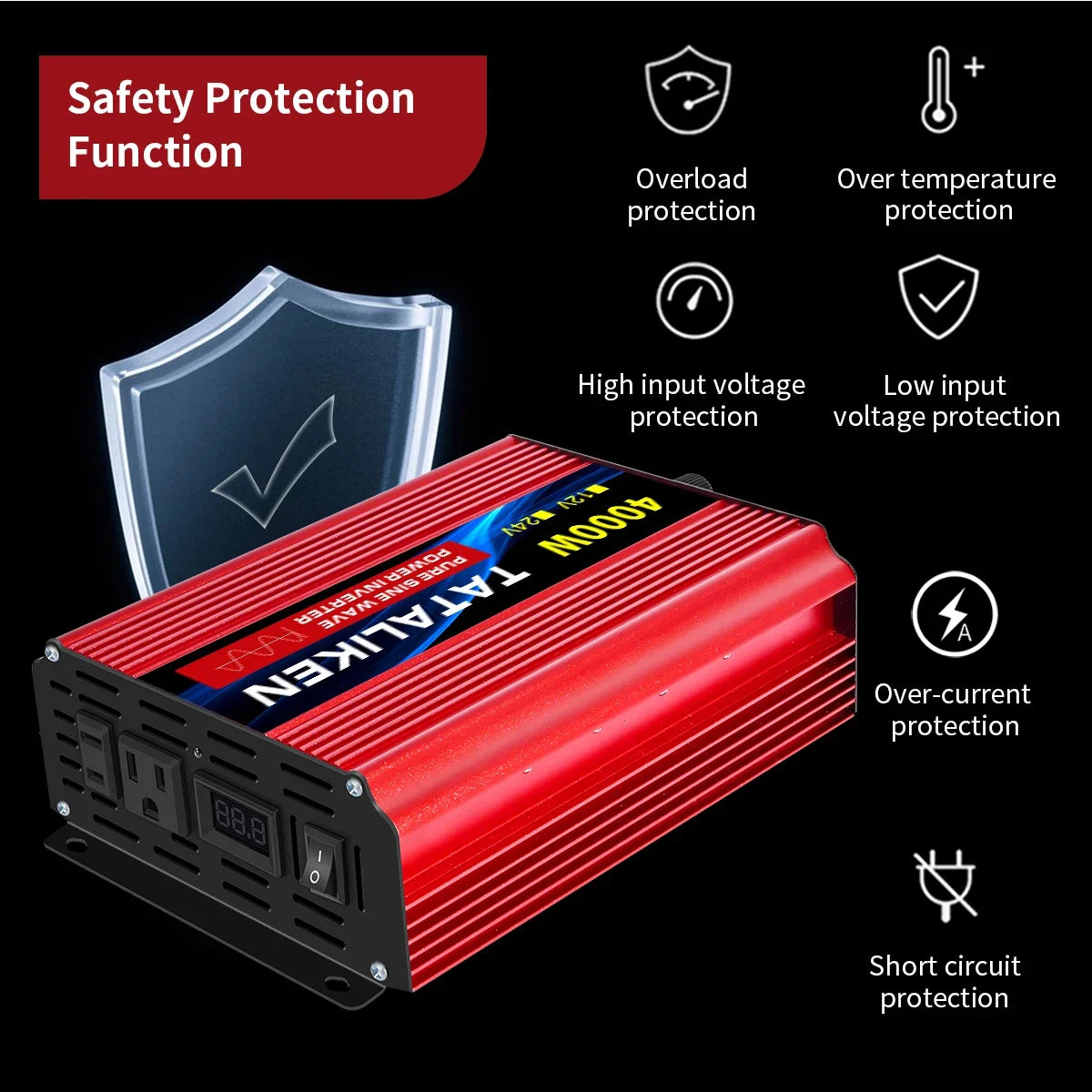 Pure Sine Wave Power Inverter 2200W 12V DC to 110V 60HZ with 2 AC Outlets and LCD Display Suitable For Family Travel and Camping