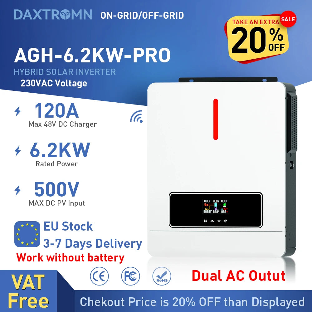 Daxtromn 6200W/4200W Hybrid Solar Inverter 6.2kw MPPT 120A 500VDC PV Input 220VAC 24VDC 48VDC 4.2kw 6.2kw Hybrid Solar Inversor