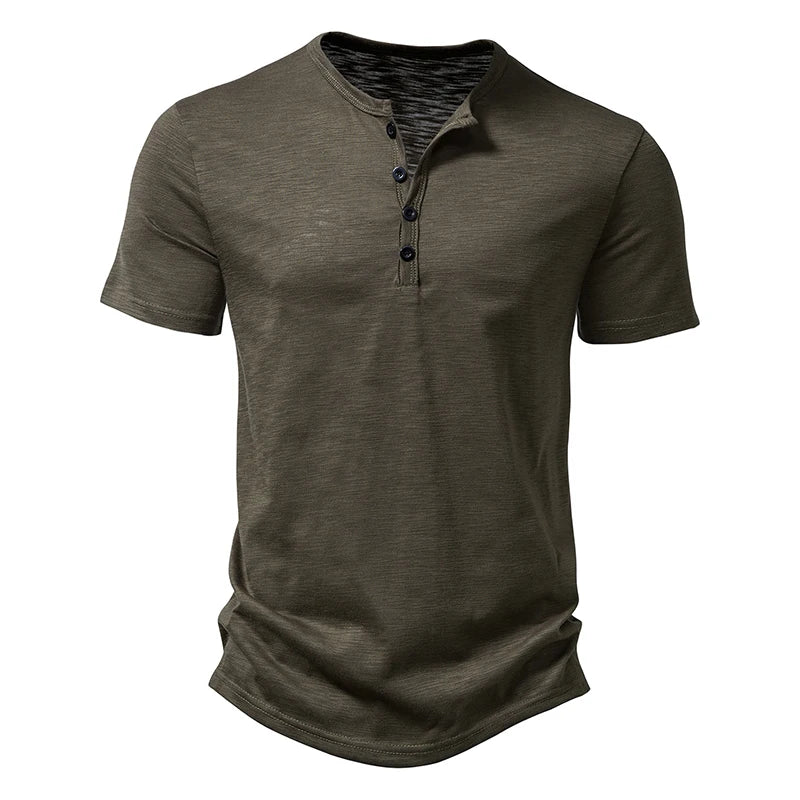 Henley Collar Summer Men's Casual Solid Color Short Sleeve T Shirt For Men Fashion Button Polo Male High Quality Top Tees Shirts
