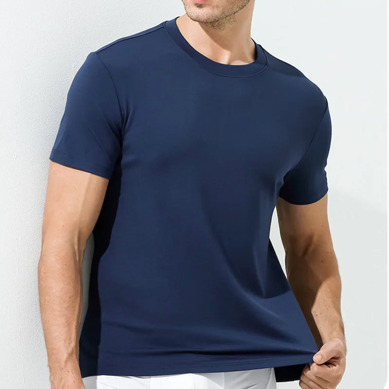 95% Bamboo Fiber Viscose Undershirt Men Short Sleeve Tshirt Summer New Navy Blue Man Clothing Solid Tops Tees Round Neck 2025