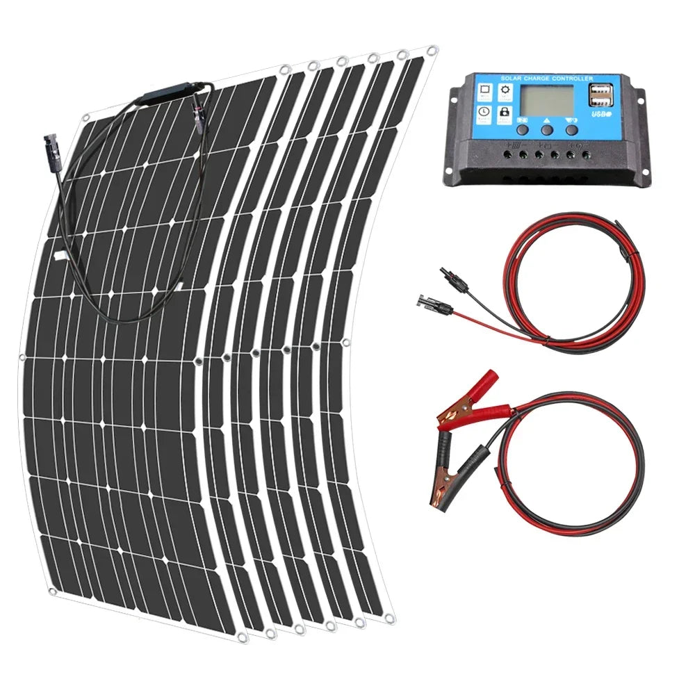 6000W-1000W 12V Flexible Solar Panel Kit - Waterproof Monocrystalline for RV Roofs/Camping/Off-Grid Power