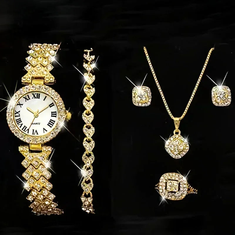Fashion Luxury Full Crystal 5 Pcs Watch Necklace Earrings Ring Set for Women Rhinestone Wristwatch Female Bracelet Set Gift