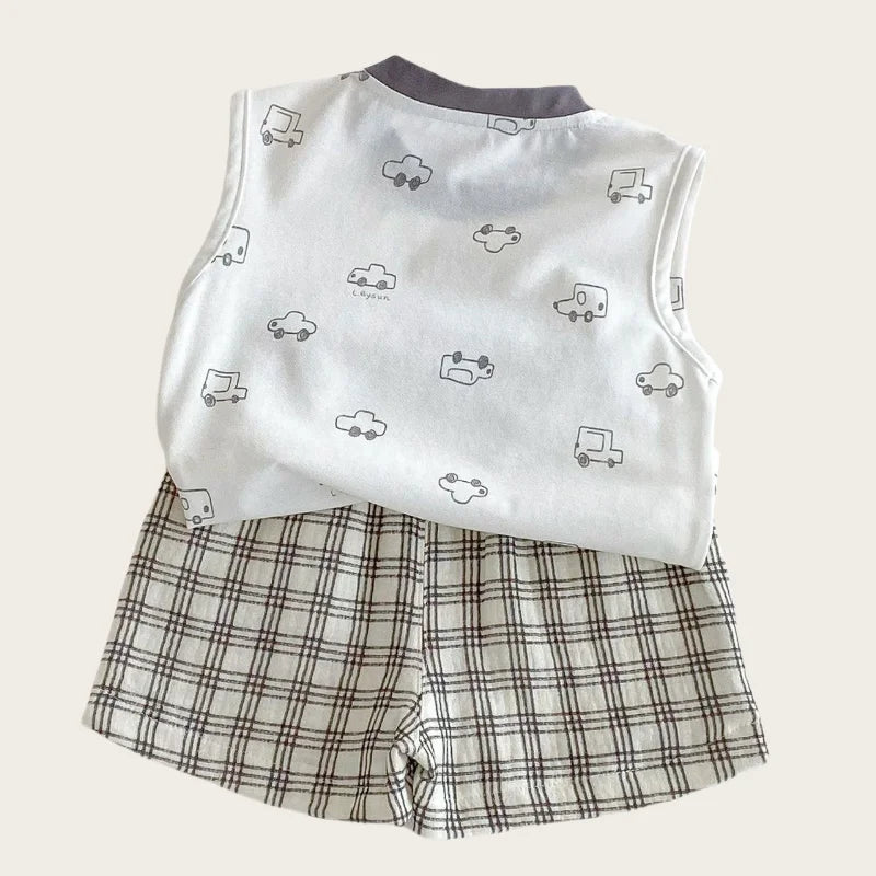 Cute Cotton Cartoon Car Applique Print Sleeveless Top and Plaid Shorts Comfortable and Fashionable Kids Set for 0-5 Y Baby Boys