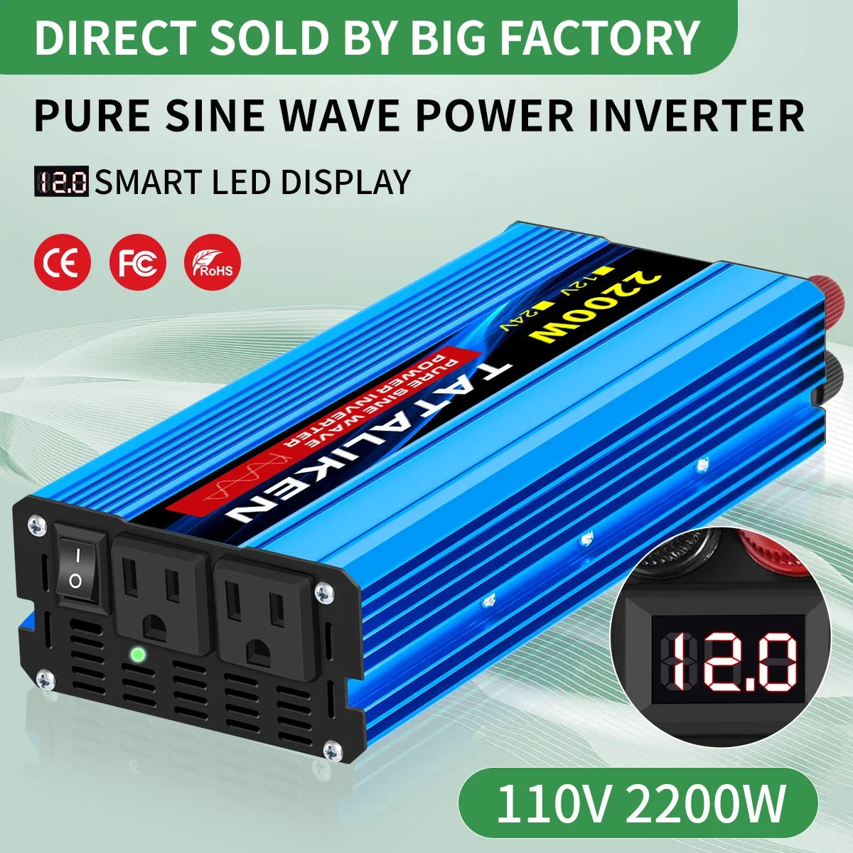 Pure Sine Wave Power Inverter 2200W 12V DC to 110V 60HZ with 2 AC Outlets and LCD Display Suitable For Family Travel and Camping