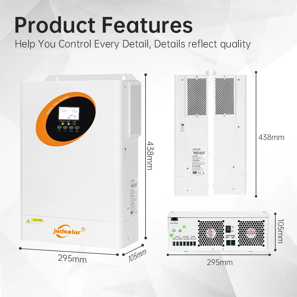 jsdsolar 6.2KW 48V Hybrid Solar Inverters 230VAC On/Off Grid Pure Sine Wave MPPT 120A Solar Charge Controller PV 500V For Home