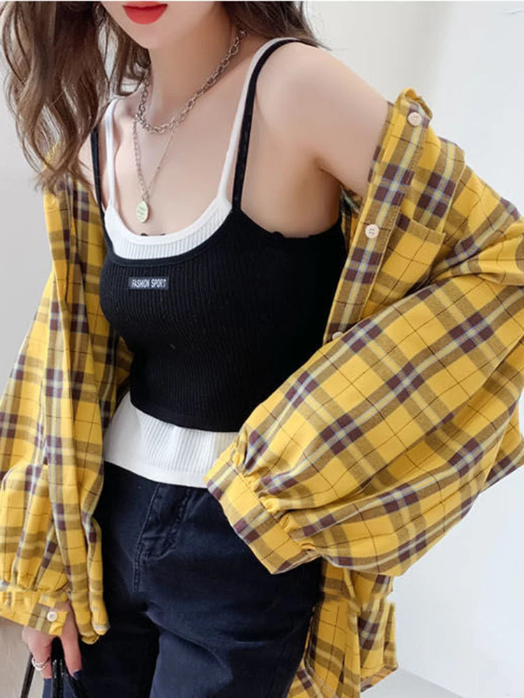 JMPRS Fashion Plaid Women Shirt Fashion Korean Oversize Tops Harajuku Daily All-match Long Sleeve Chic Female Yellow Shirts New