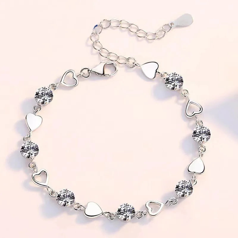925 Sterling Silver Heart Shaped Necklace Bracelet Set for Women Vintage Korean Crystal Bracelets High Quality Set Party Jewelry