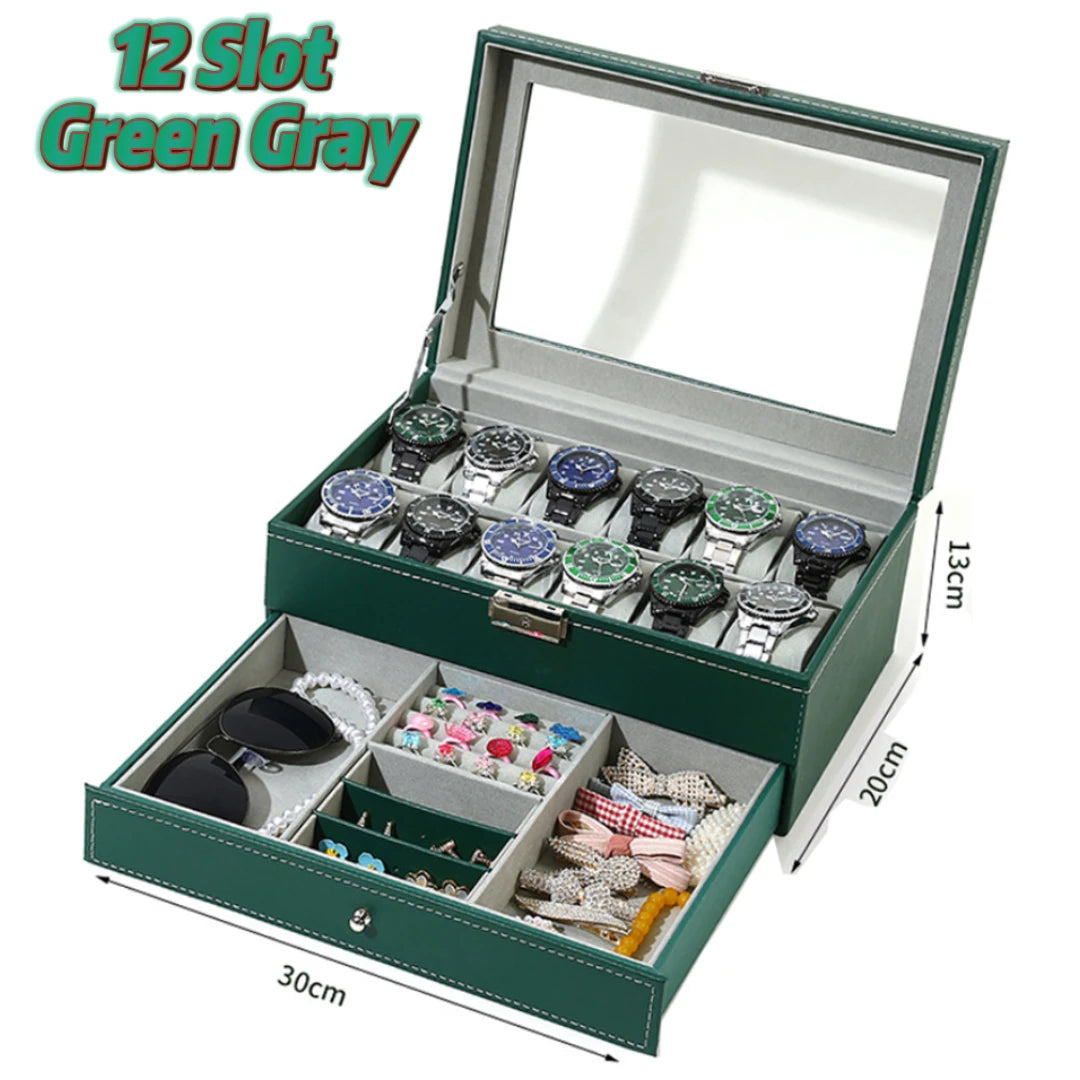 2024 New 12 Slot Leather Lockable Watch Storage Boxes,Men & Women's Jewelry Display Drawer Case, 2-Tier Organizer Watch Showcase