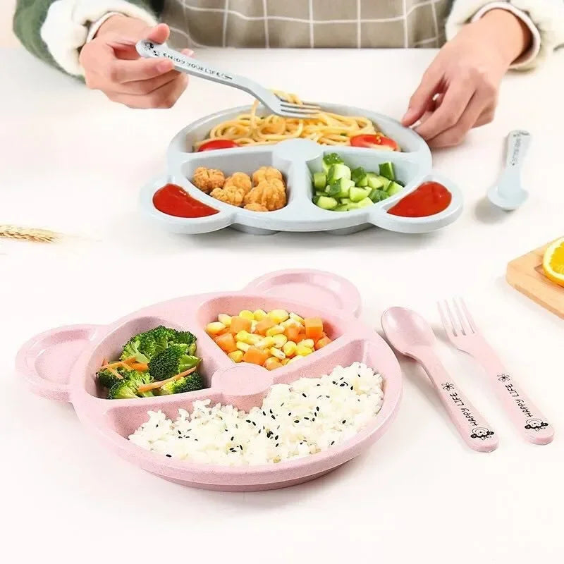 3Pcs/Set Baby Food Feeding Tableware Cartoon Bear Bowl+Spoon+Fork Eating Dinnerware for Children Dishes Kids Dinning Plate