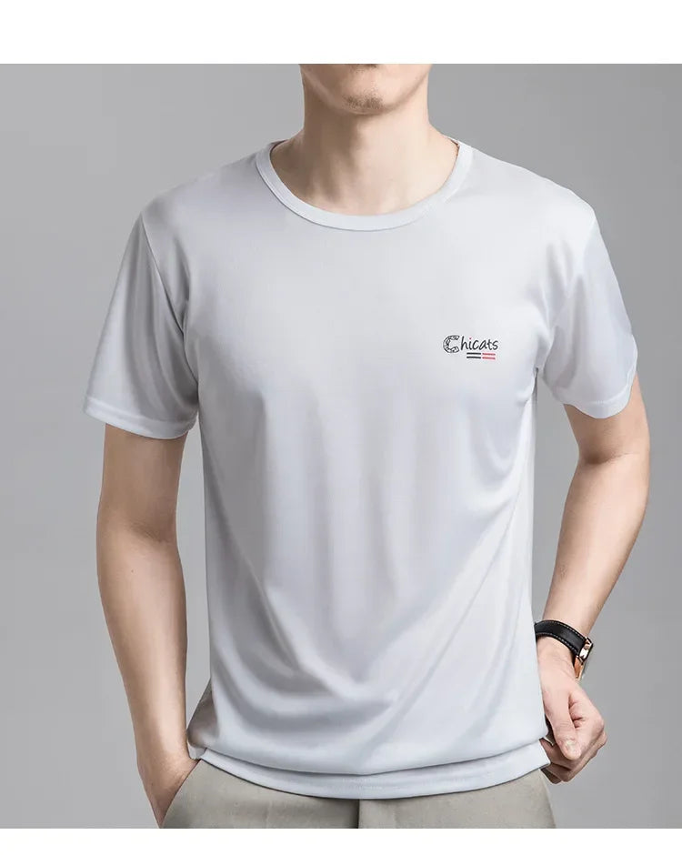 Summer Ice Silk T-shirt Men's Cold Short Sleeve O-neck Stretch Quick-drying Breathable Sports Shirt T Shirt Men