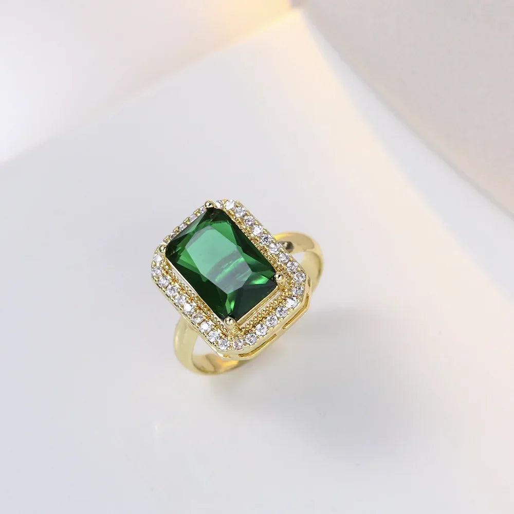 Luxury Emerald Color Earring Necklace Rings Set For Woman Stainless Steel Zircon Rectangle Pendant Necklace Party Jewelry Gift