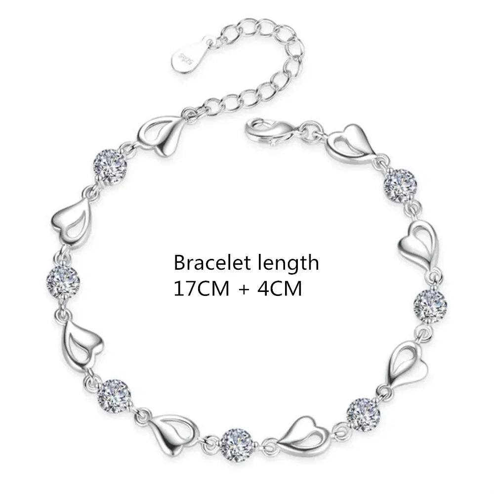 925 Sterling Silver Heart Shaped Necklace Bracelet Set for Women Vintage Korean Crystal Bracelets High Quality Set Party Jewelry