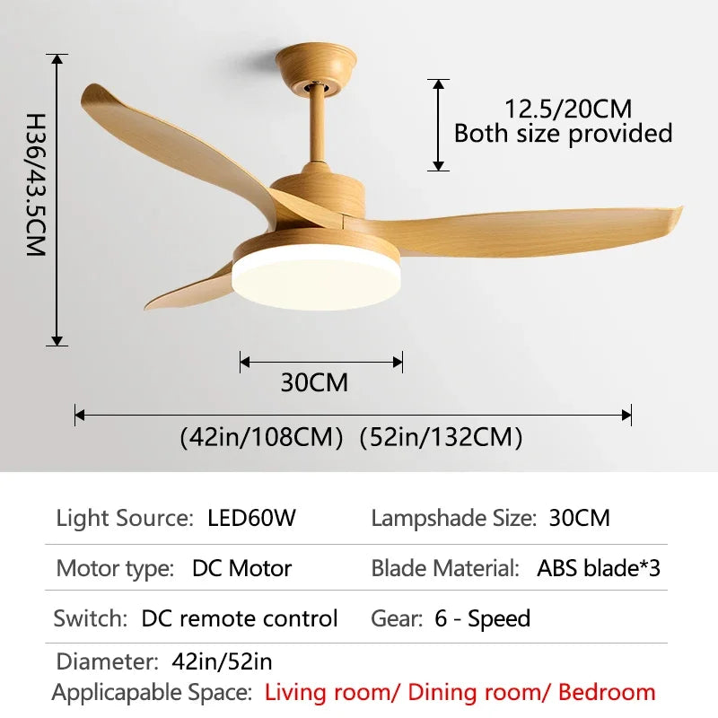 52Inch 3 ABS Blade DC 35W Pure Copper Motor Ceiling Fan With 60W LED Light Support Remote Control Strong winds Electric fans