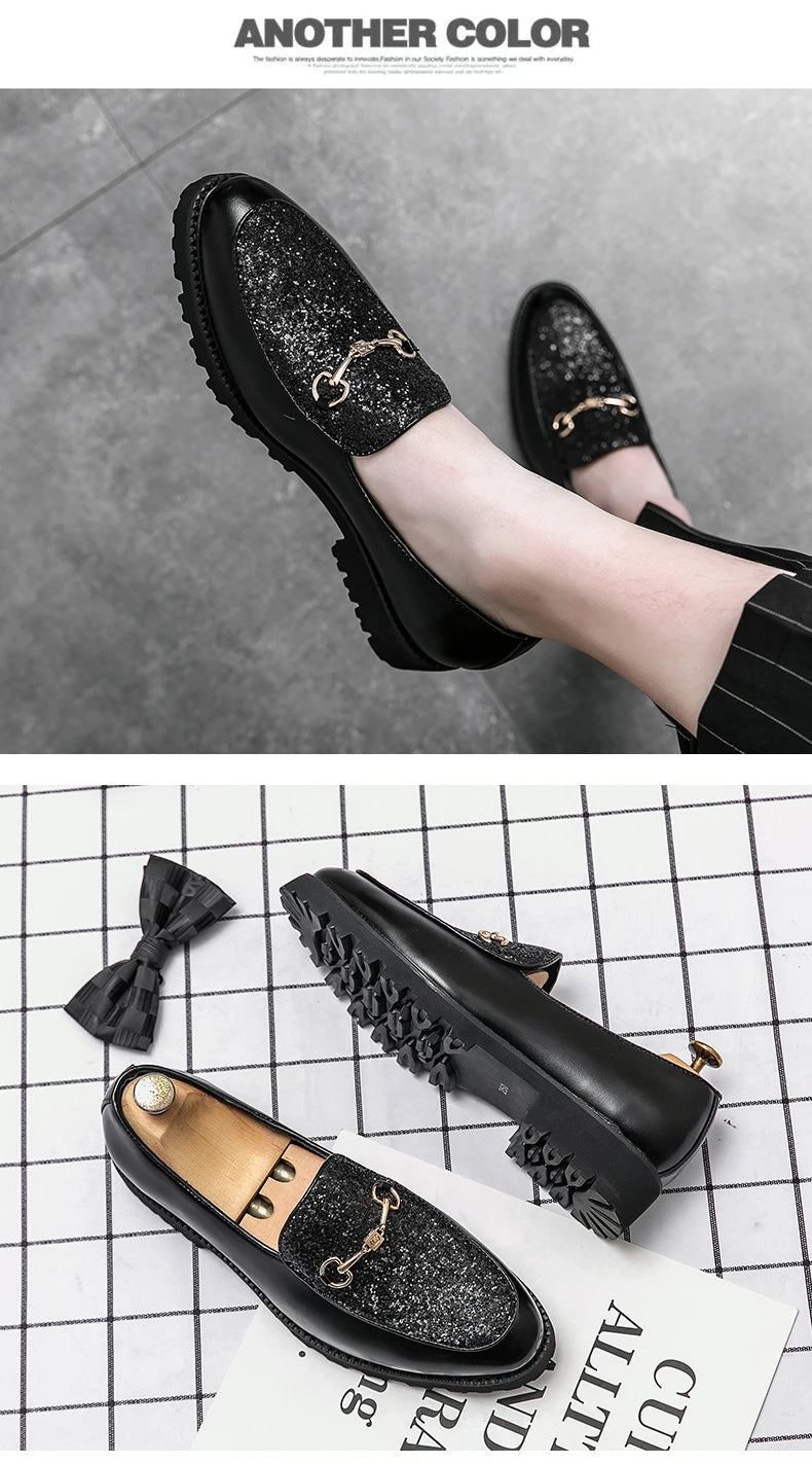 Shiny Leather Shoes for Men Platform Dress Shoes Luxury Slip on Men Loafers Party Designer Wedding Footwear Zapatos Para Hombres