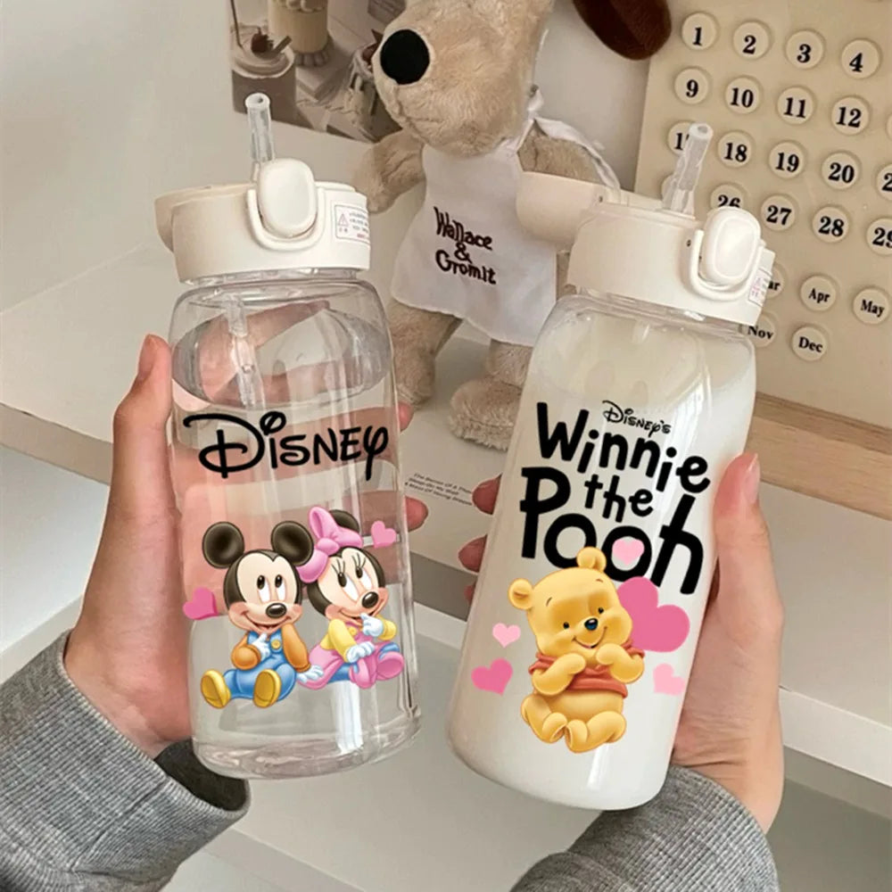 Pooh Bear Mickey Mouse 600ml Cartoon Water Bottle Portable Cute Straw Cup Kids Leak-proof Drinking Jug Outdoor Camping Travel
