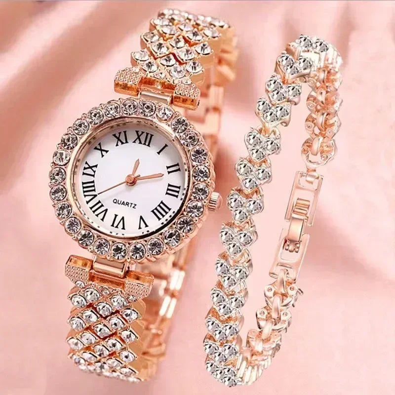 Fashion Luxury Full Crystal 5 Pcs Watch Necklace Earrings Ring Set for Women Rhinestone Wristwatch Female Bracelet Set Gift