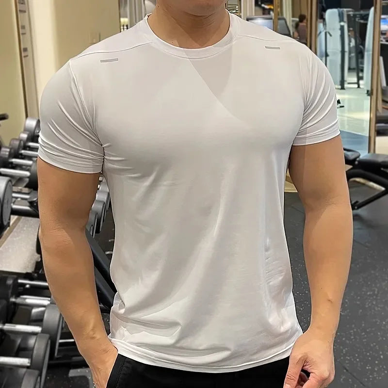Summer Running Gym Men Shirt Short Sleeve Tees Elastic Tight Fit Sports Training Fitness Quick Dry Spandex Ice Silk T Shirt