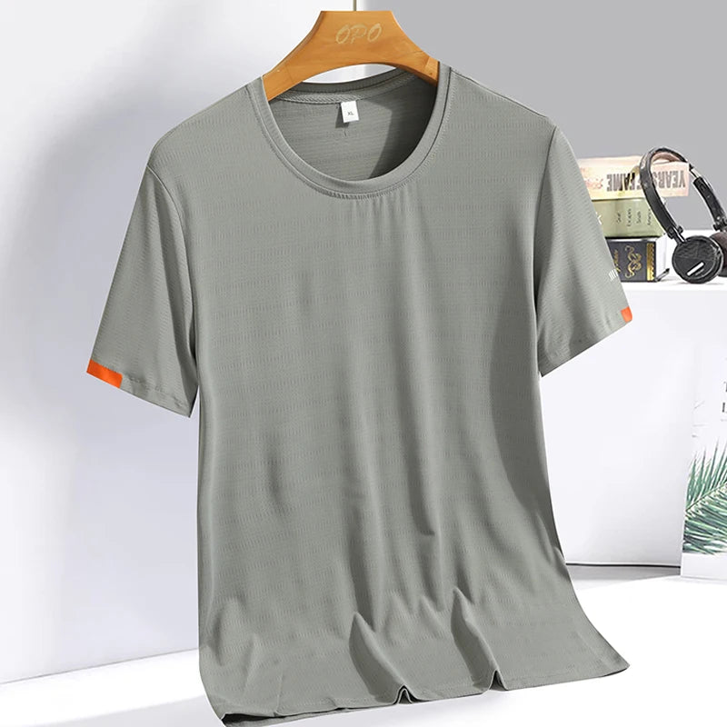 Men's Summer Ice Silk T-shirt Sweatshirt Round Neck Simple Running Fitness Suit Thin Breathable Quick Drying T